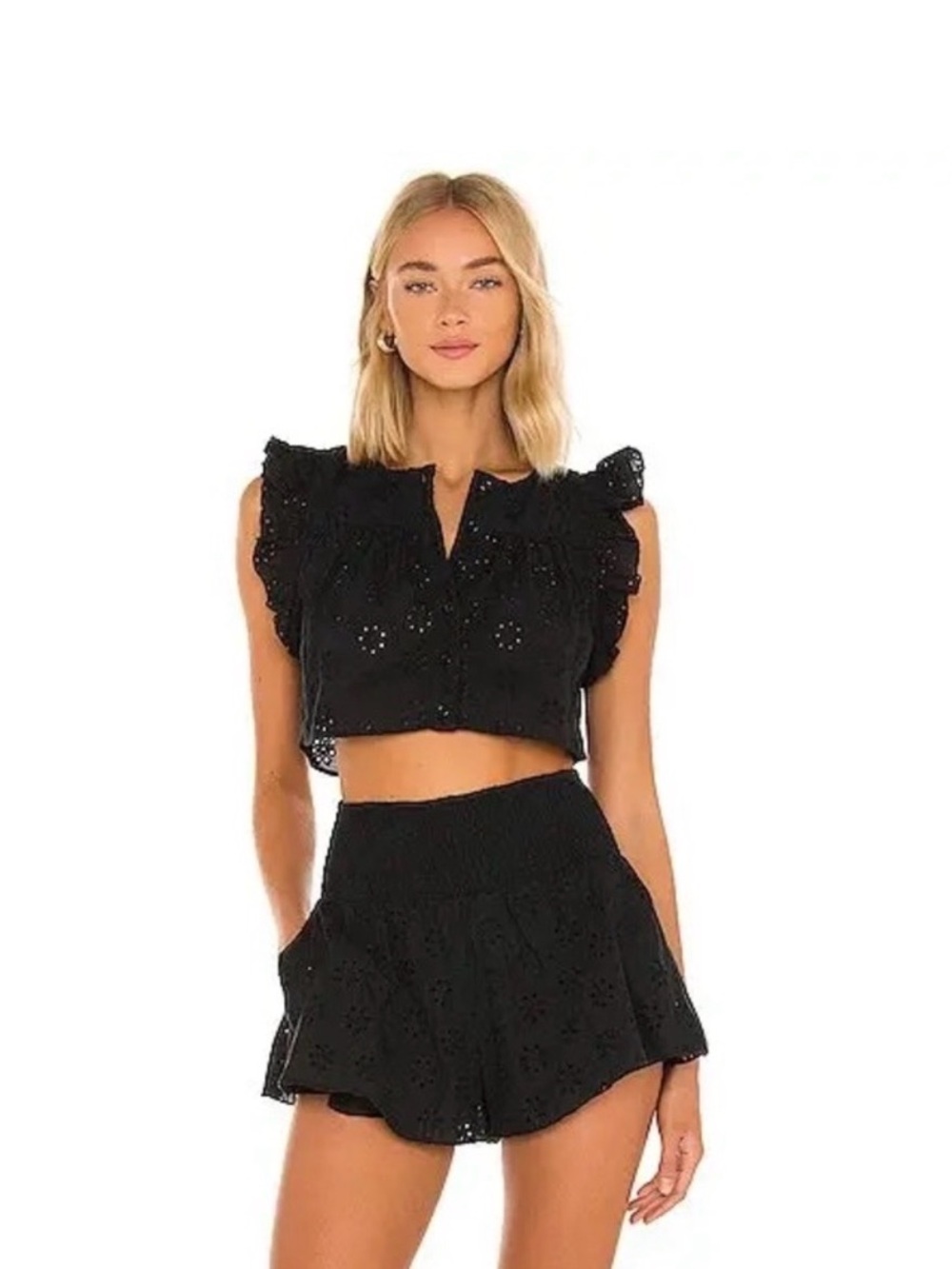 Tularosa Black Eyelet Ruffle Crop Top